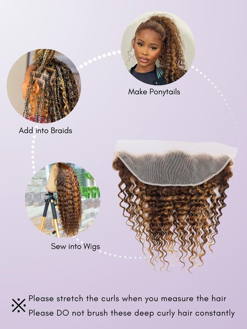 AUROO Honey Blonde Highlight Deep Wave 13x4 Lace Frontal Closure Only Human Hair, 12A Virgin 100% Hand Tied Ear to Ear Ombre Brown HD Transparent Frontal Pre Plucked P4/27 Curly Lace Frontal Remy 16In