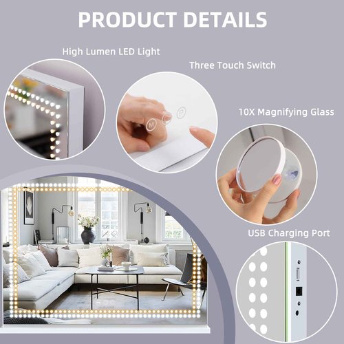 Misavanity Vanity Mirror with Lights Dots Makeup Mirror with LED Lights 31.5" x 22.8" Tempered Glass Lamp Bead Touch Screen Control Dimmable 3 Colors Modes USB Charging Port 10X Magnification, White