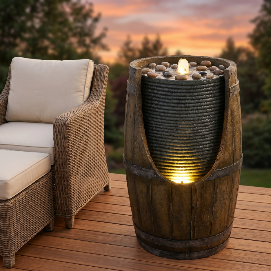 Outdoor Water Fountain with Bird Waterer - Rustic Barrel Garden Feature with LED Lights