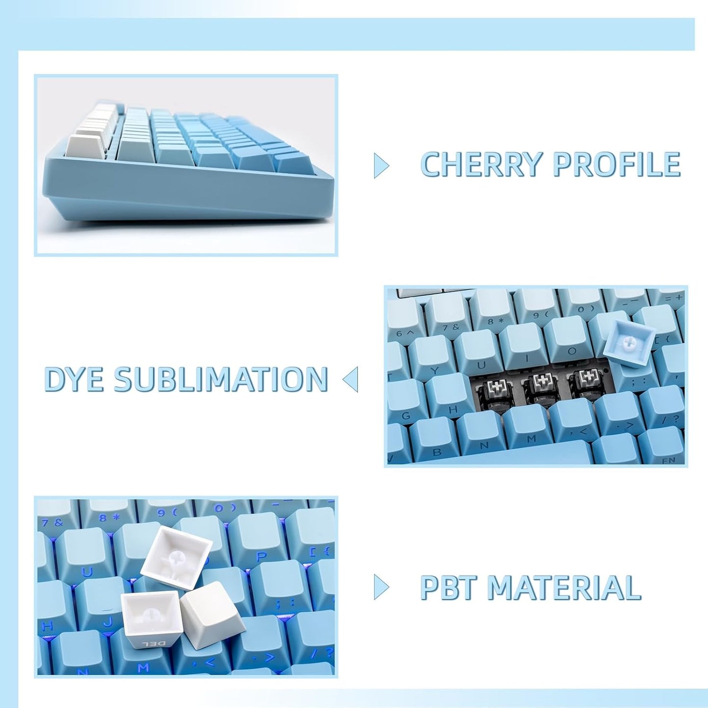 136 Keys Gradient Blue Keycaps, Side Print Shine Through Keycap, Custom Double Shot PBT Keycaps, Cherry Profile Keycap 60 Percent Cherry Mx for ANSI/ISO Layout Mechanical Keyboard