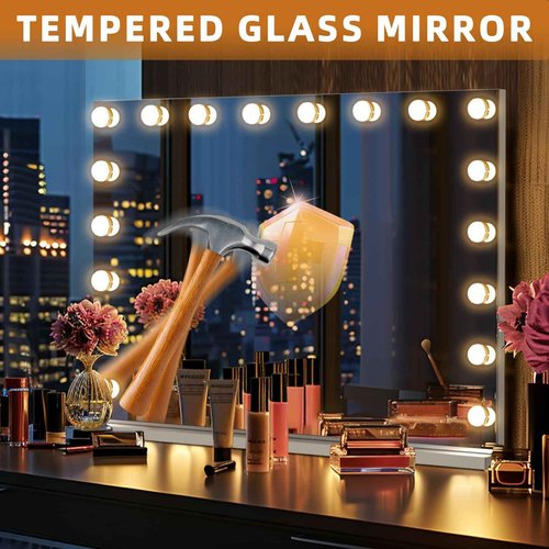 Misavanity Vanity Mirror with RGB Backlight 32’’x23’’ LED Makeup Mirror with 18 Dimmble 3 Color Modes Bulbs Light up Mirror with 10X Magnification and Smart Touch, White