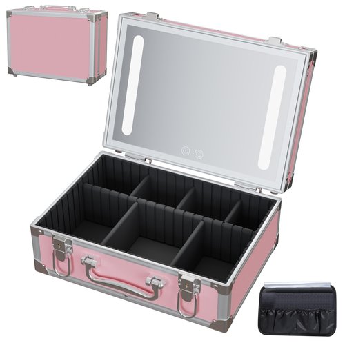 Cybergiant Travel Makeup Case with LED Mirror - Hard Shell Pink Travel Makeup Bag with Mirror - Portable Makeup Organizer with Mirror, Vanity Case for Cosmetics, Adjustable Divider