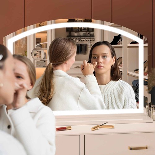 Hasipu Arch Vanity Mirror with Light, 32" x 24" Arched Led Makeup Mirror with 10X Magnification, Tabletop Desk Mirror, Dimmable 3 Colors Mode