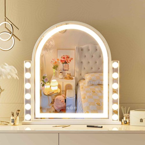 Leishe Arched Makeup Mirror with 3 Color Lights - 18.1'x23.4' Vanity Mirror with 10x Magnification for Desk