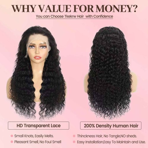 Tkekrw 20 Inch 13x6 HD Deep Wave Lace Front Wigs Human Hair 200 Density HD Frontal Water Wave Wigs Glueless Wet and Wavy Pre Plucked Curly Wig for Women 100% Brazilian Remy Virgin Hair Natural Black
