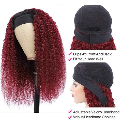 YiweYowe 26 Inch 1B99J Burgundy Headband Wig Human Hair 150% Density Grade 8A Unprocessed Brazilian Virgin Hairs Machine Made Ombre Red Deep Wave Headband Wig Human Hair None Lace Front Wig