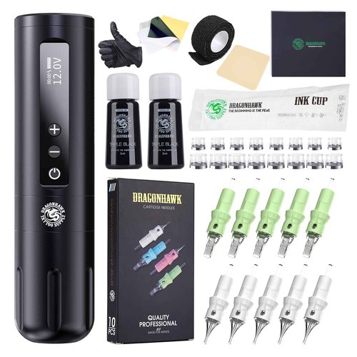 Dragonhawk Pro Wireless Tattoo Gun Kit L2 Tattoo Machine Pen 5000mAh Battery Power Supply Beginner Complete Tattoo Kit Needles Cartridges Black Inks