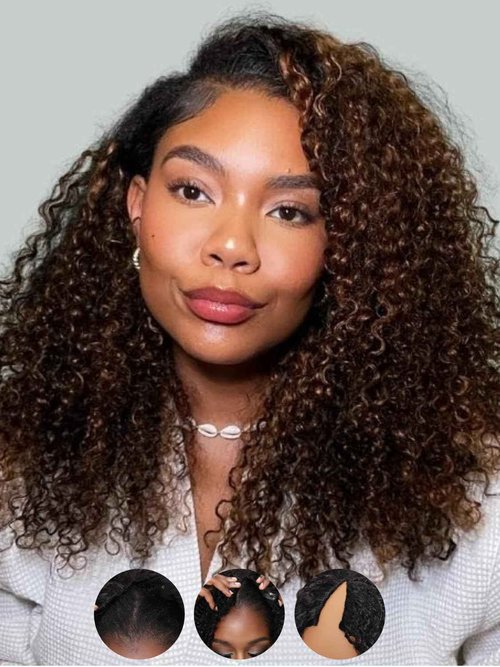 Sunber EasiContour V Part Human Hair Ombre Chestnut Brown Curly Glueless Wig Upgrade Vpart Wigs No Leave Out No Gel 180% Density V Shape Clip Wigs No Sew in Ready to Go Beginner Friendly 18Inch