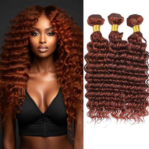 Color 33 Bundles Human Hair Reddish Brown Deep Wave Bundles Double Weft Brazilian Virgin Copper Red Brown Hair Extensions Silky and Soft for Black Women 18 18 18 Inch