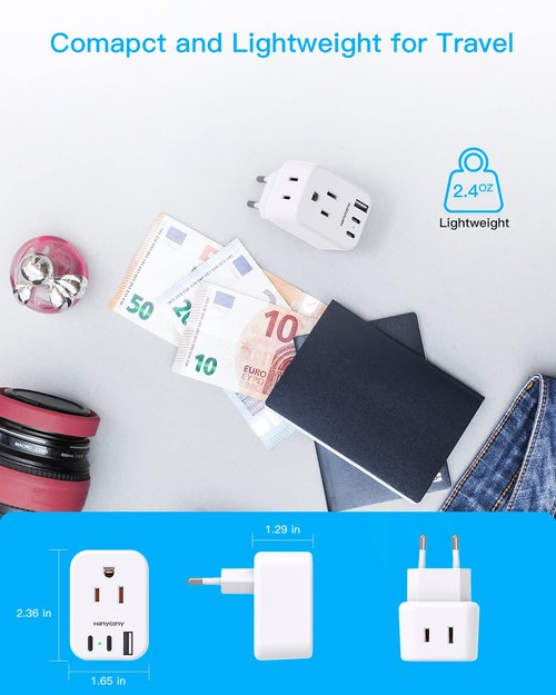 HANYCONY European Plug Adapter, International Power Adapter, US to Europe Adapter Plug 2 Outlets 3 USB Ports(2 USB C), Type C Plug Adapter to Italy Spain France Portugal Iceland Germany