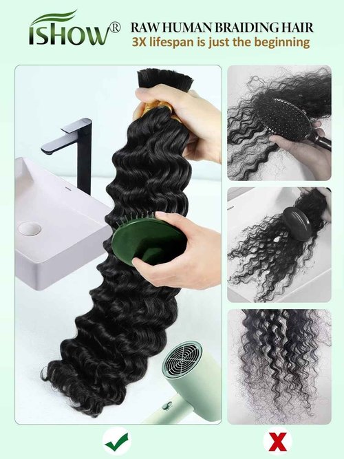 ISHOW Raw Human Braiding Hair, 100% Unprocessed Virgin Human Hair, 15A Deep Wave Boho Hair, 100g 18 Inch (2 Packs), NO.1 Premium Quality Boho Hair Producer, Long Lasting, Color 1B