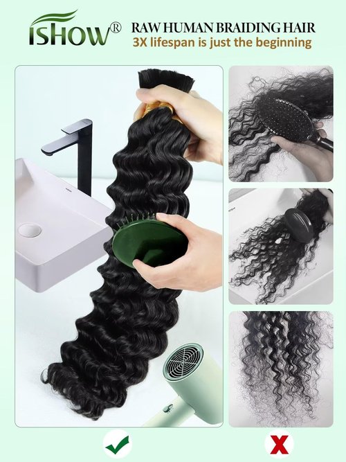 ISHOW Raw Human Braiding Hair, 100% Unprocessed Virgin Human Hair, 15A Deep Wave Boho Hair, 100g 14 Inch (2 Packs), NO.1 Premium Quality Boho Hair Producer, Long Lasting, Color 1B