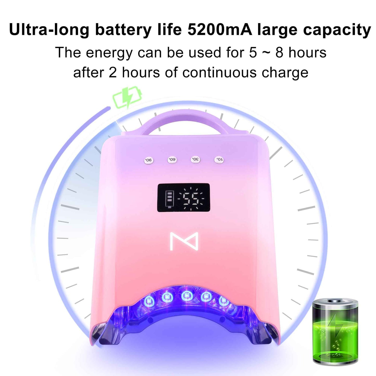 M - NEO Cordless & Rechargeable Nail Curing Lamp 78W with 4 LCD Time Display Timer, Auto Sensor, and Spacious Interior for All Hand Sizes and Nail Lengths (Pink)