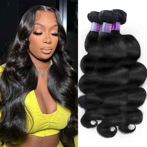 KAITHLYPO 12A Human Hair Bundles 14 16 18 Inch Body Wave 100% Unprocessed Brazilian Virgin 3 Bundles Weave Quick Wavy Human Hair Extensions for Women Natural Black