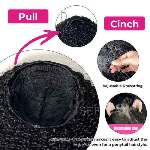 ISEE Half Wig Human Hair Glueless Wigs Upgrade 3 IN 1 Half Wig With Drawstring Seamless Clip Ins Flip Over Kinky Curly Human Hair No Glue No Lace For Women 180% Density 16 Inch
