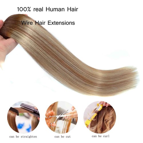 Ugrace Hair Wire Hair Extensions Real Human Hair Balayage Light Brown to Ash Brown and Bleach Blonde 20 inch 100g Transparent Invisible Fish Line Straight Clip in Human Hair Extensions for Women