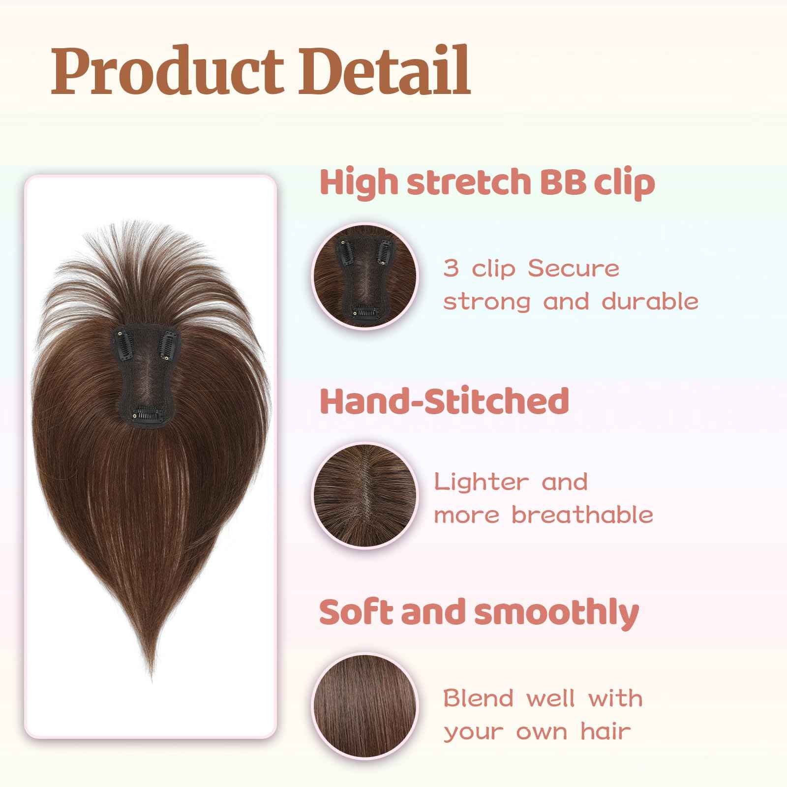Human Hair Toppers for Women with Fringe 10 Inch Real HairPieces-360°3D Bangs for Thinning Hair Topper Swiss Base Ombre Light Brown with Blond Highlight（2T613）