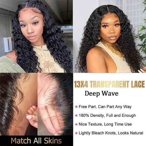 Deep Wave Lace Front Wig for Black Women - 20 inches Natural Black 180% Density Glueless 4X4 Lace Front Deep Wave Human Hair Wigs
