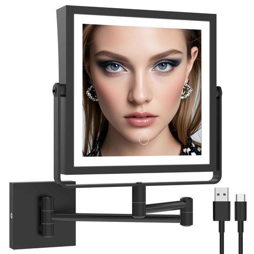 Ruacq Rechargeable Wall Mounted Makeup Mirror with Lights, Double Sided 1X/10X Magnifying Vanity Mirror with 3 Color Lighting, Touch Screen Dimmable, 360° Rotation Extension Foldable Arm(Matte Black)