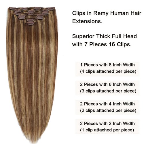 Clip in Hair Extensions Real Human Hair 7pcs 120g Straight Hair Extensions 20 Inch Chestnut Brown to Light Blonde Thick Remy Extensions Straight