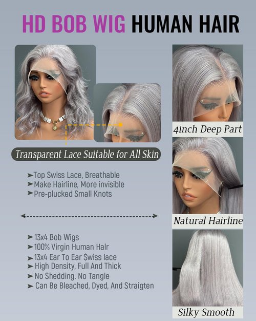 Silver Grey 13x4 Lace Front Bob Wig Brazilian Virgin Human Hair Wig Pre Plucked Hairline with Baby Hair UHD Transparent Lace Natural Looking Glueless Wear and Go Gray Wigs for Women 14 Inch