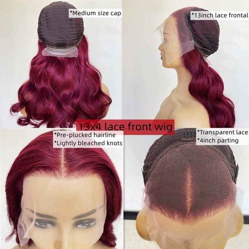 Burgundy Body Wave Human Hair Wigs Glueless Lace Front Wig 150% Density Pre Plucked Hair for Black Women (16inch, 13x4 lace front wig)