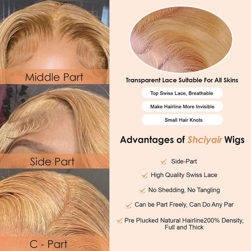 Shciyair 28 Inch Honey Blonde Wig Human Hair 200 Density 13x4 Body Wave HD Lace Front Wigs Human Hair Pre Plucked Blonde Wig Human Hair Colored 27# Lace Frontal Wigs For Women