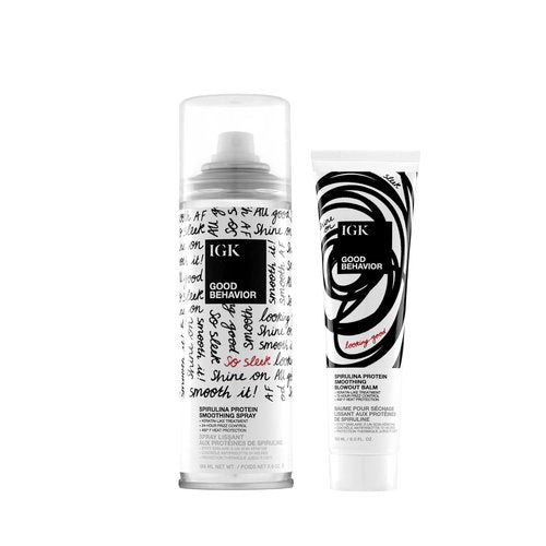 IGK GOOD BEHAVIOR Spirulina Protein Smoothing Spray + Anti-Frizz Smoothing Blowout Balm | Keratin Like Treatment + Frizz Control + Heat Protectant | Vegan + Cruelty Free