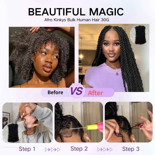 Afro Kinkys Bulk Human Hair 30g/Pack for Mini Twist, Braiding Hair for Dreadlocks, Loc Repair, Dreadlock Extensions Human Afro kinkyhair Bulk for Twists Natural Black 22 Inch