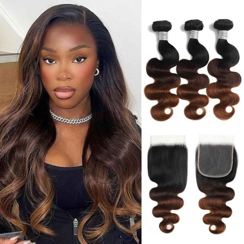 AUROO 3 Tone Chestnut Brown Ombre 3 Body Wave Bundles with Closure Human Hair, 12A Virgin Remy Hair Bundle T1B/2/30 Medium Brown/Auburn Colored 3 Bundles with 5x5 HD Lace Closure Free Part 10 12 14+10