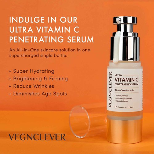 Vegnclever Super Vitamin C Serum - Super Moisturizing, Anti-Aging All-In-One Formula with Niacinamide, Collagen Peptides, Caffeine, and Vitamin E, Original Vitamin C Face Serum - 2 Pack