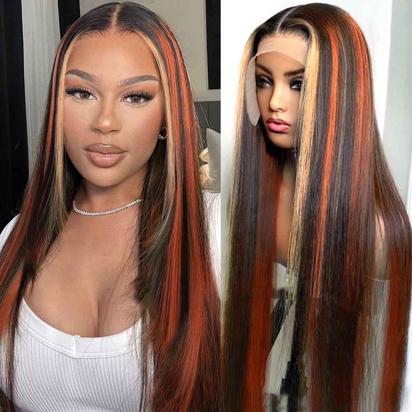 Ginger Blonde Highlight Lace Front Wigs Human Hair Skunk Stripe 13x4 Lace Frontal Wig Straight Black Ginger and Blonde Ombre Colored Wigs Glueluess Human Hair 20 Inch 180% Density Pre Plucked