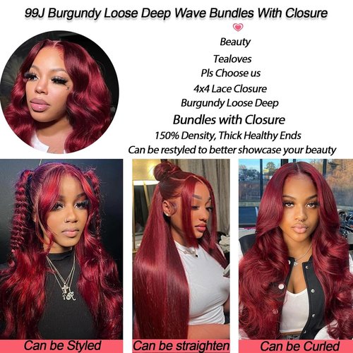 99J Burgundy Bundles with Closure,Wine Red 99J Colored Loose Deep Wave Bundles with 4x4 Lace Closure Red Human Hair with Closure (99j Burgundy Loose Deep 12 14 16+12)