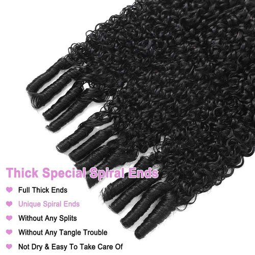 Seekomi Water Curly Bundles Human Hair with Spiral Ends 14 16 18 Inch 100% Virgin Burmese Curly 3 Bundles Human Hair Double Weft Quick Weave for Women, Natural Black Color, 300g
