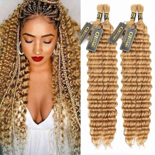 QTHAIR 16A Grade Deep Wave Bulk Human Hair for Braiding, 18 Inch, 200g, Honey Brown #27, Human Bulk Hair for Micro Braiding No Weft, Curly Human Hair for Boho Braids