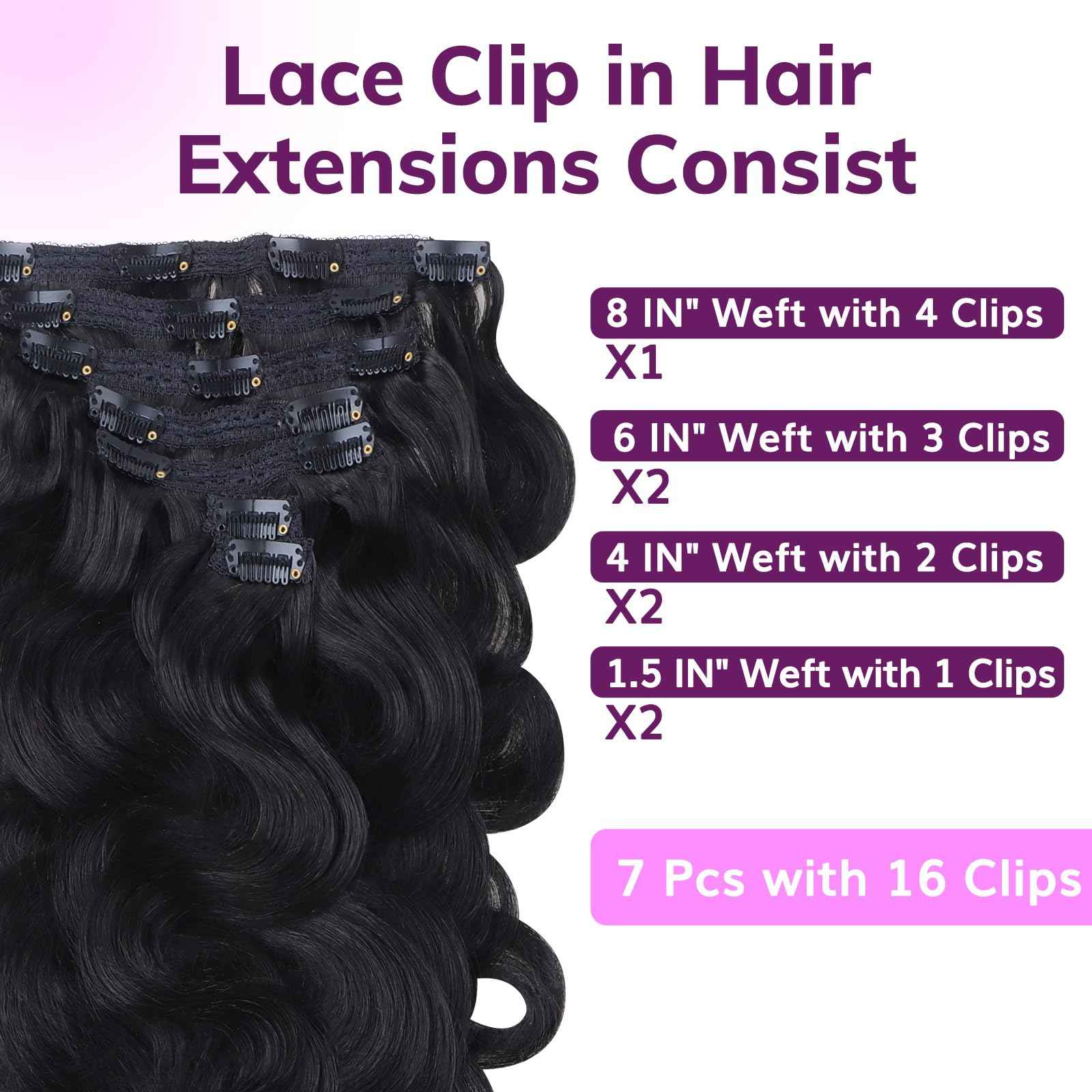 IDN BEAUTY Clip in Hair Extensions Real Human Hair Body Wave 120g Natural Black Double-layer Lace Clip In for Black Women Soft Breathable Lace Invisible Seamlessly Blending 7pcs 20 Inch