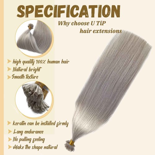 Silver U Tip Human Hair Extensions Remy Hair Extensions Platinum Silver Prebonded Human Hair Extentions 22Inch Keratin U Tip Extensions Per Strand Fusion Human Hair Extensions 50g Utip Stright Hair