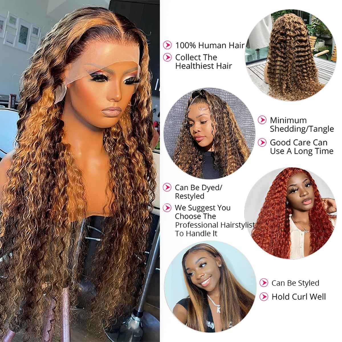 Highlight Lace Front Wig Human Hair 13x6 Deep Wave Wig Brazilian Ombre Honey Blonde Color Wig Human Hair Pre Plucked with Baby Hair Wet and Wavy Deep Curly Wigs for Black Women 180% Density (24 Inch)