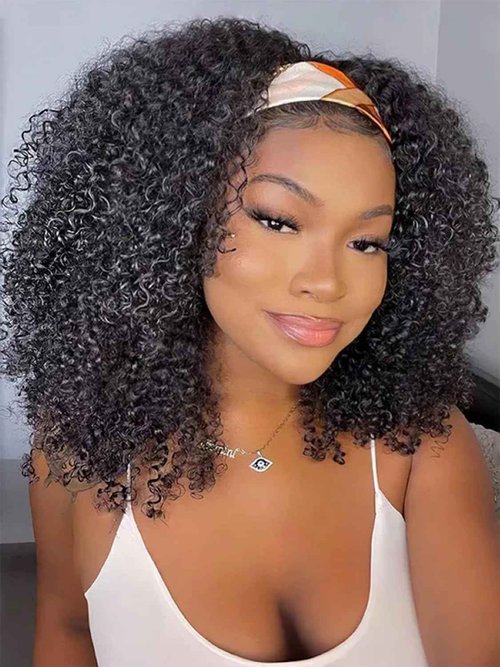 V SHOW Glueless Curly Headband Wig Human Hair 180% Density Thick Throw & Go Kinky Curly Headband Wigs for Women 16 Inch None Lace Front Wigs Wear and Go Glueless Human Hair Wigs