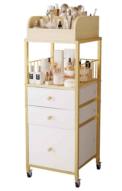 Makeup Organizer Cart with Drawers, Floor Skincare Organizers Make Up Organizers-Vanity Organizer Cosmetic Display Cases Holder for Skin Care Perfume Nail Polish Brush Hair Tool（Gold）
