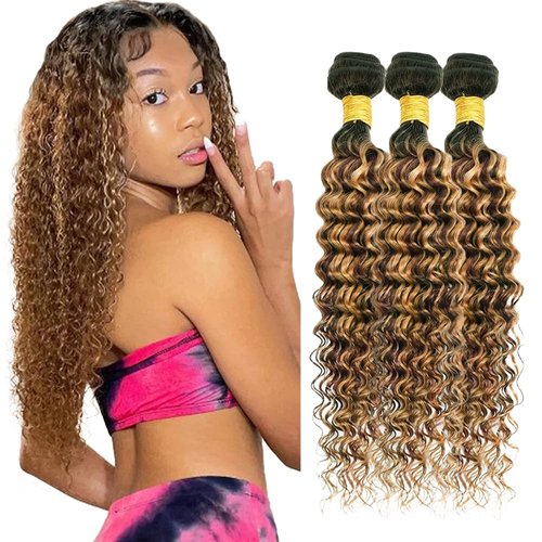 Honey Brown Human Hair Bundles P4/27 Deep Wave Bundles 18 20 22 inch LadrXadr Ombre Highlight Human Hair Bundle 3 Tone 300g