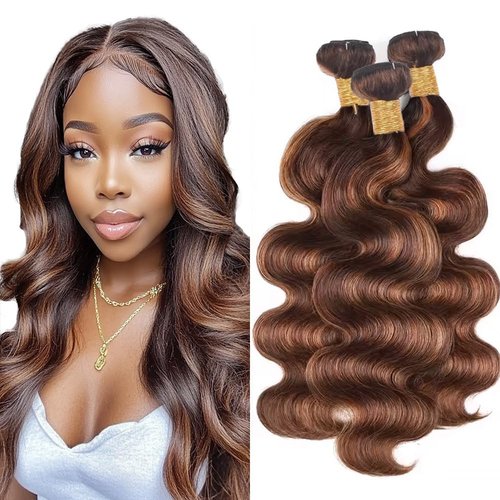 Dokksiiia Brown Ombre Bundles Human Hair P4/30 Dark/Light Brown 2-Tone Blend Highlight Body Wave Bundles Unprocessed Brazilian Virgin Hair Extensions 16 18 20 Inch for Fair to Tan Skin