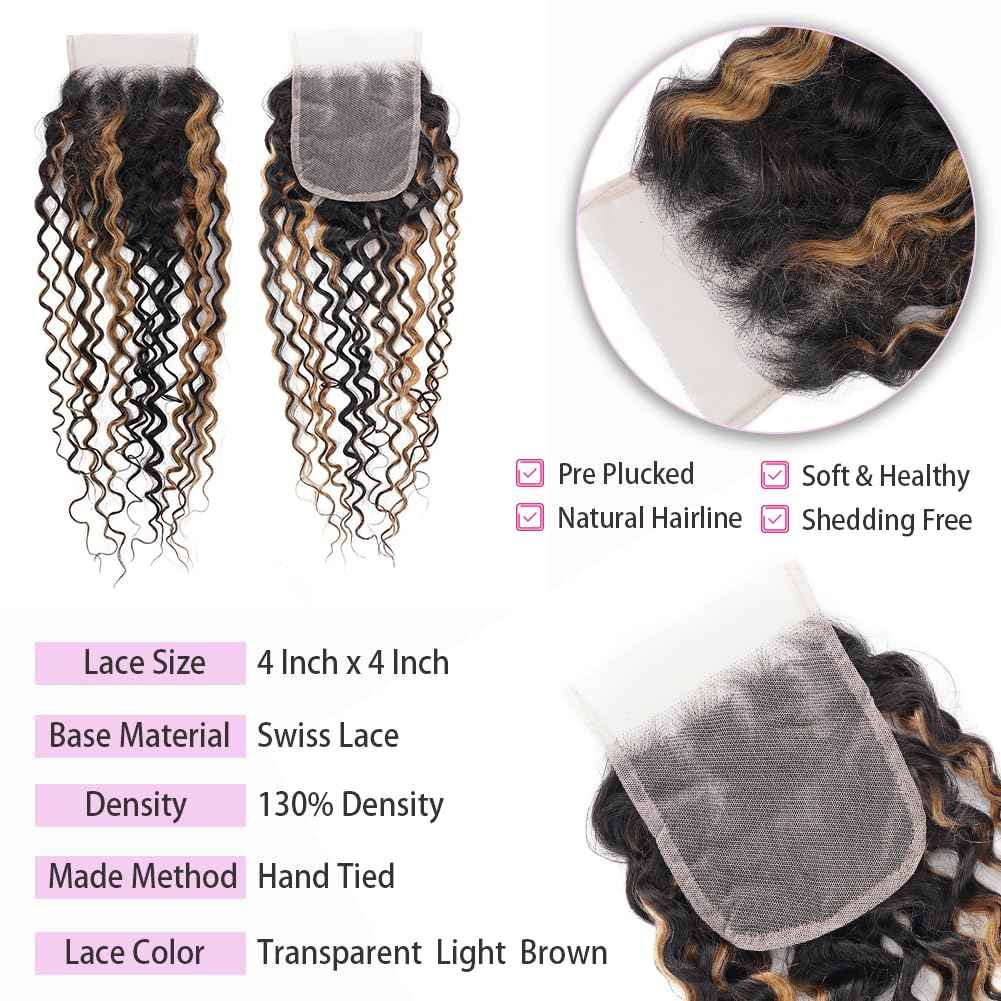 Highlight Water Wave Bundles with Closure Human Hair Honey Brown Balayage Curly Wave Human Hair Bundle 1B/27 Colored 3 Bundles with 4x4 HD Lace Closure Free Part (14 16 18+12)