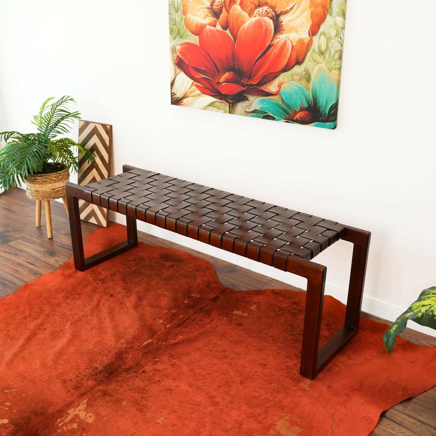 Christina Mid-Century Modern Tan Leather Bench With Solid Wood Frame