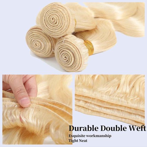 613 Bundles Human Hair 16A Blonde Body Wave Bundles with Frontal Closure (14 14 14+12) Brazilian Virgin Unprocessed Hair with 13x4 HD Lace Frontal Quick Weave Sew in Hair Extensions for Women