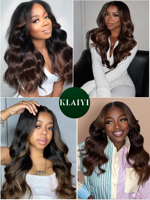 KLAIYI Ombre Brown Body Wave Bundles Human Hair Extensions with Dark Roots 100% Unprocessed Brazilian Real Virgin Hair Weaves Chestnut Brown Double Wefts 12A Wavy One Bundle 20Inch Sew in Piano Color