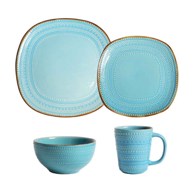 Creative Embossed Ceramic Tableware Set - Salad Bowl & Plates, 4-Piece