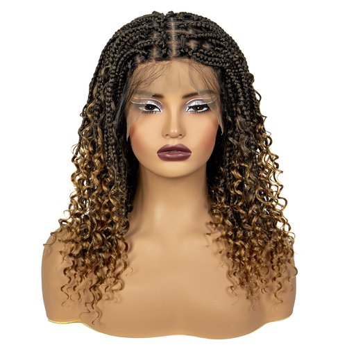 A ANYTIME Qiyu 18" Short Knotless Box Braided Wigs for Women Braided Lace Wigs with Curly Ends Bob Braids Wigs Full Lace Braided Wig with Baby Hair Natural Blended Braiding Hair Wig（1B/27