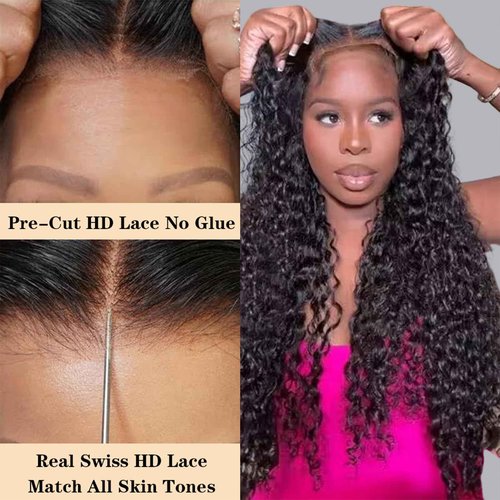 Wear and Go Glueless Wigs Human Hair Pre Plucked Pre Cut 5x5 HD Closure Wigs Human Hair Deep Wave Lace Front Wigs for Black Women 210% Dentisy 12A Deep Curly Glueless Wig Bleached Knots (24 Inch)