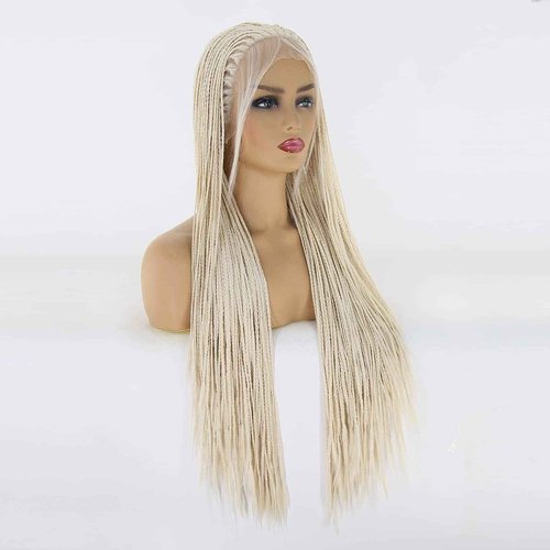 BTWTRY Platinum Blonde Braided Synthetic Lace Front Wigs for Black Women Heat Resistant Fiber Hair Micro Braided Hair Box Braids Wig African American Hair (24inch, #60 Color)